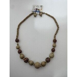 Plus One Collection‎ Wooden Bead Necklace and Earrings Set Zebra Stripe Tan Boho